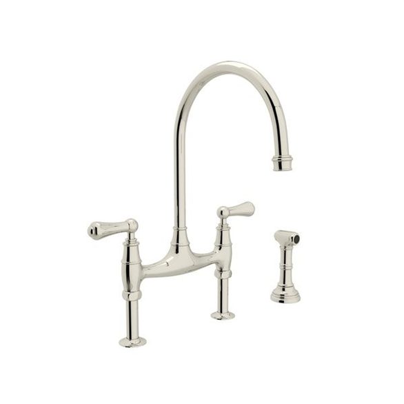 Perrin & Rowe Georgian Era U.4719L-PN-2 Kitchen Faucet 8-7/8" Deck-Mount 3H W/2-Lever Bridge Side-Spray Nickel