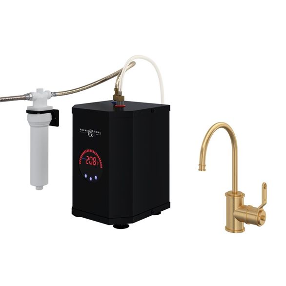 Perrin & Rowe Armstrong U.KIT1833HT-SEG-2 5-1/2"SR Brass Hot Water, Filter Deck-Mount 1-Hole Kitchen Faucet Kit Swivel Spout 0.50 GPM With 1-Lever Handle, Dispenser, Filter, Tank Satin English Gold