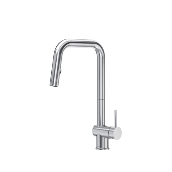 Riobel Azure AZSQ201SS 8"SR Brass U-Spout 2-Function Deck-Mount 1-Hole Kitchen Faucet Pull-Down Spray, Swivel Spout 1.50 GPM With 1-Lever Handle Stainless