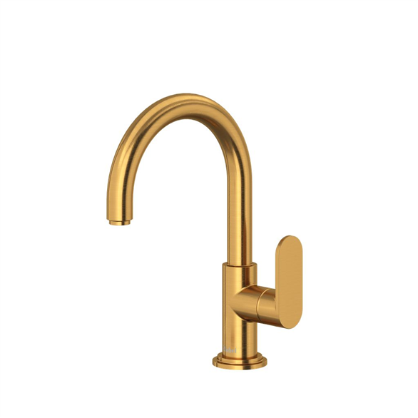 Riobel Arca AAS01BG 7-1/4"SR Brass C-Spout Deck-Mount 1-Hole Lavatory Faucet 1.20 GPM With 1-Handle, Push Drain Brushed Gold