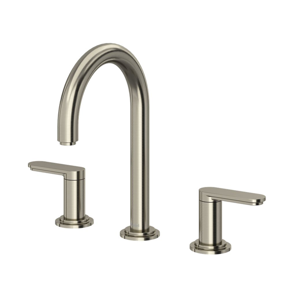 Riobel Arca AARD08BN 7-3/8"SR Brass C-Spout Deck-Mount 3-Hole, Widespread Lavatory Faucet 1.20 GPM With 2-Handles, Quick-Connect, Push Drain Brushed Nickel