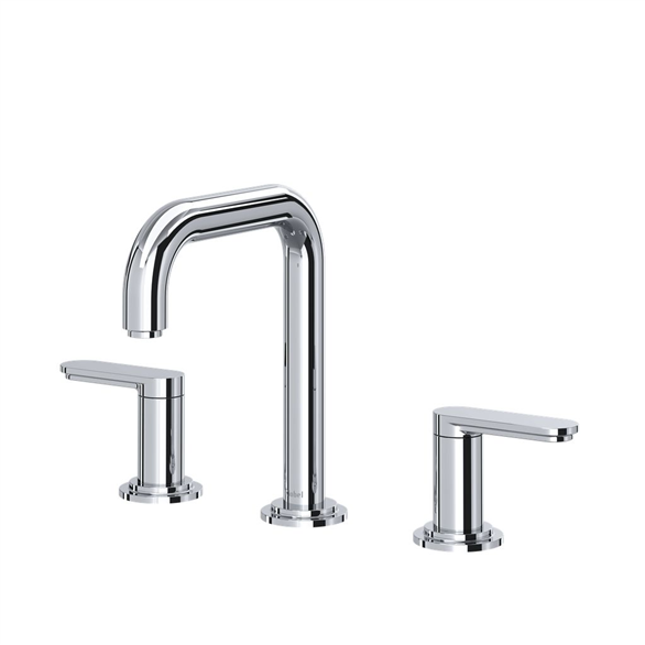 Riobel Arca AASQ08C 7-3/8"SR Brass U-Spout Deck-Mount 3-Hole, Widespread Lavatory Faucet 1.20 GPM With 2-Handles, Quick-Connect, Push Drain Chrome