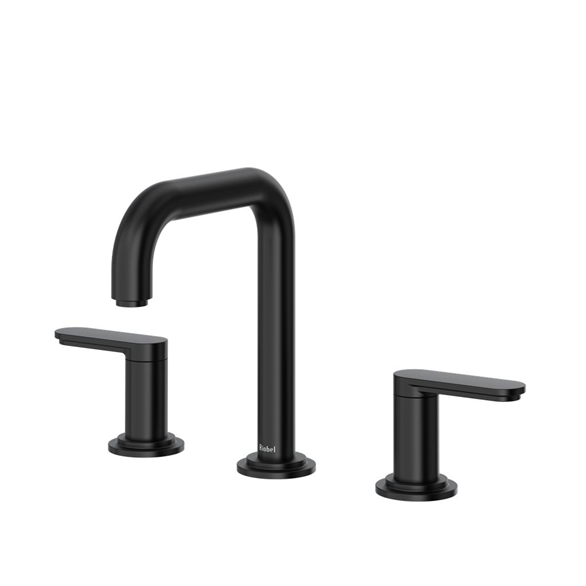 Riobel Arca AASQ08BK 7-3/8"SR Brass U-Spout Deck-Mount 3-Hole, Widespread Lavatory Faucet 1.20 GPM With 2-Handles, Quick-Connect, Push Drain Black