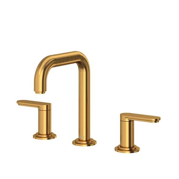 Riobel Arca AASQ08BG 7-3/8"SR Brass U-Spout Deck-Mount 3-Hole, Widespread Lavatory Faucet 1.20 GPM With 2-Handles, Quick-Connect, Push Drain Brushed Gold