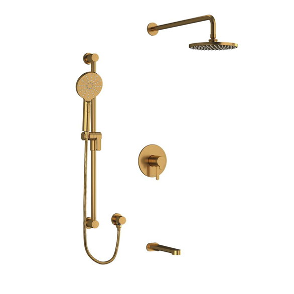 Riobel Nibi TKIT1345NBBG-CW 30-1/2", 1/2" Round 3-Function, Coaxial, Pressure Balance, Thermostatic Wall-Mount Bathtub & Shower Trim NPT 60 PSI 6.30 GPM With 2-Lever Handles, Elbow, Rail, Shower Arm, Showerhead, Spout Brushed Gold