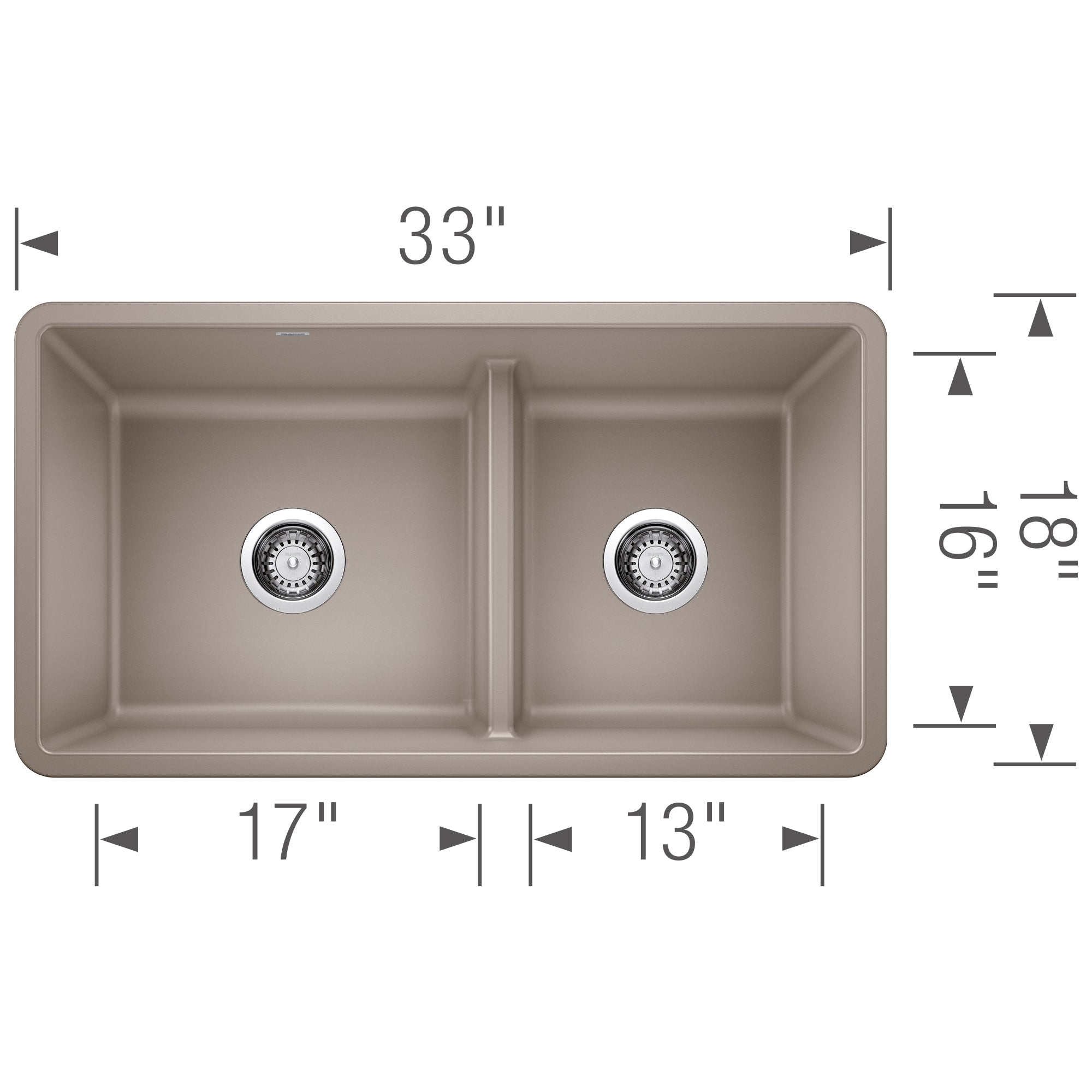 Blanco - 402069 - Precis SILGRANIT 33" 60/40 Reversible Double Bowl Undermount Kitchen Sink with Low Divide - Truffle - Dimension Shot