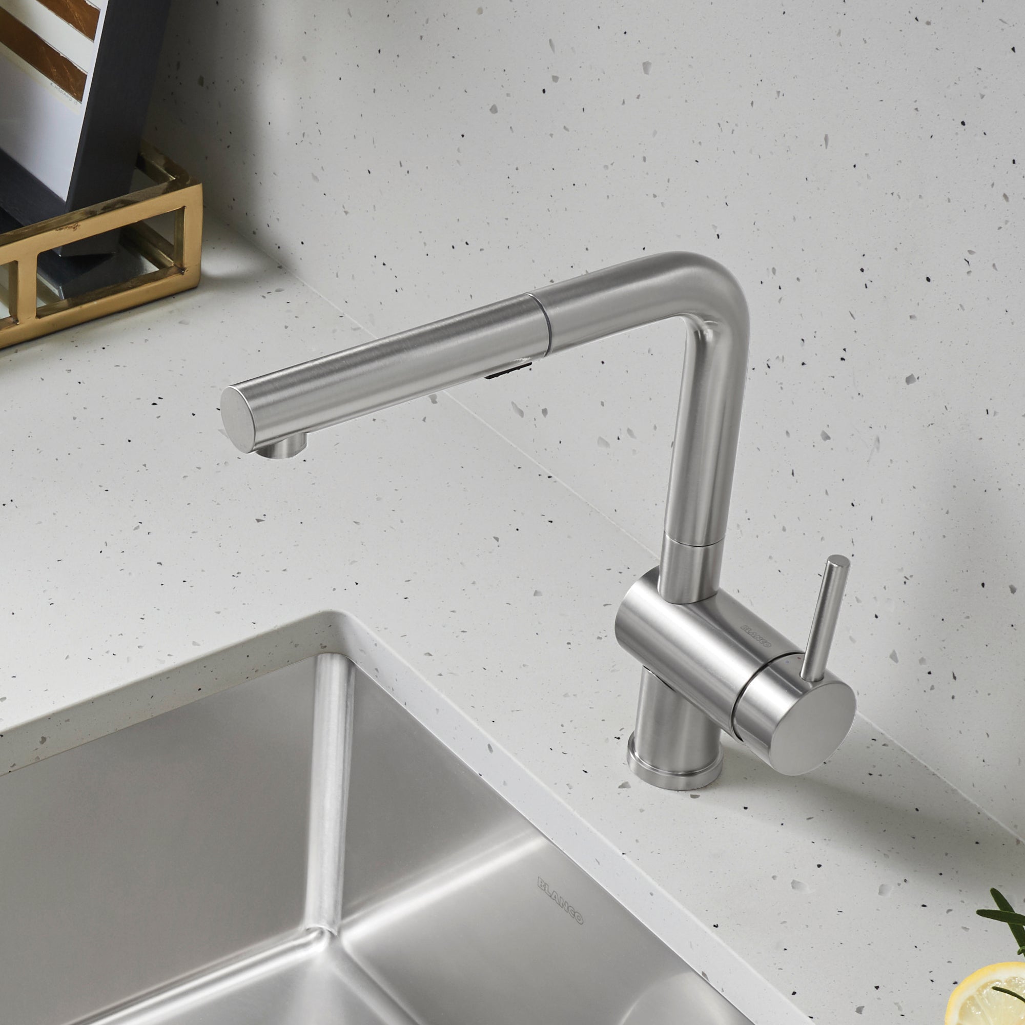Blanco - 526366 - Linus Low Arc Pull-Out Dual-Spray Kitchen Faucet - PVD Steel - Beauty Shot 2