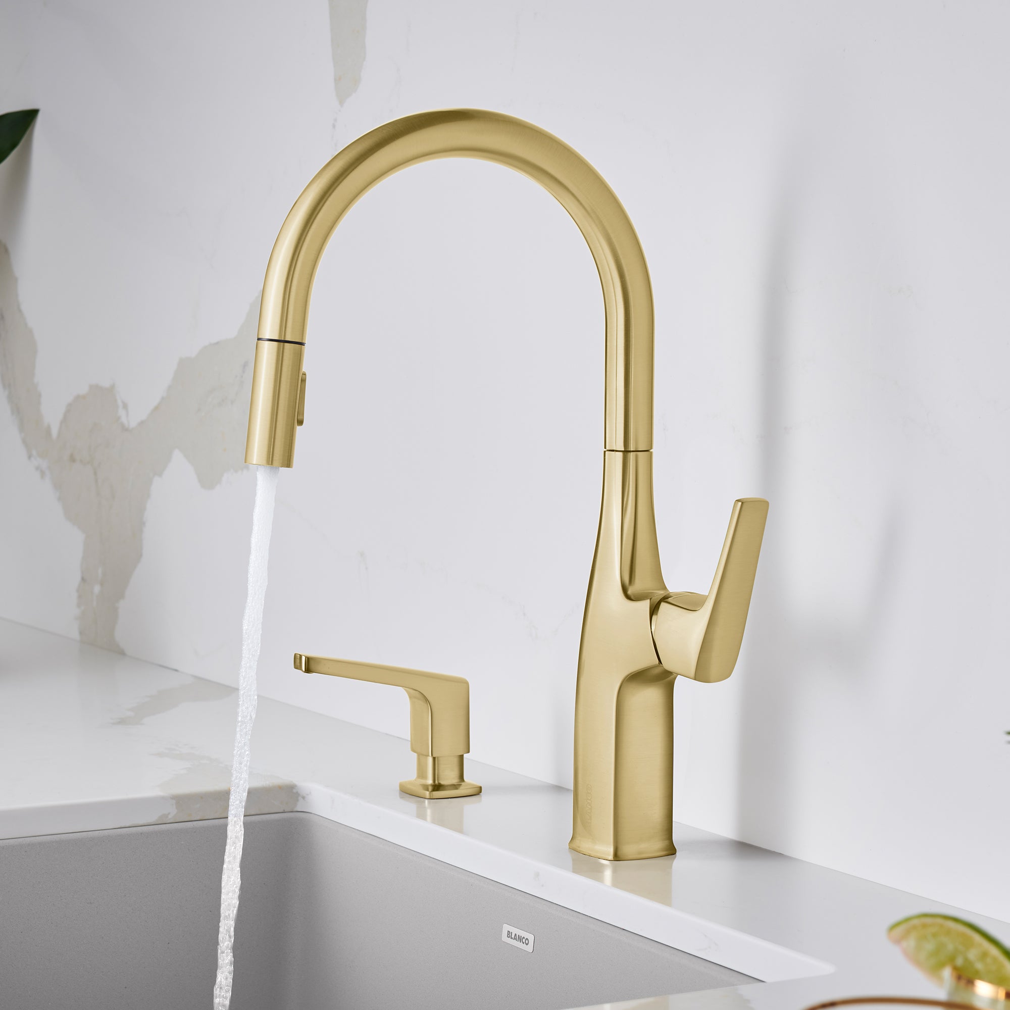 Blanco - 442985 - Rivana High-Arc Pull-Down Dual-Spray Kitchen Faucet - Satin Gold - Beauty Shot 2