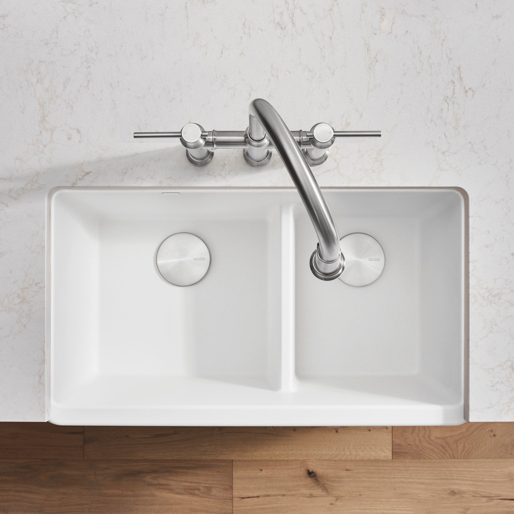 Blanco - 402337 - Ikon SILGRANIT 33" Double Bowl Apron-Front Farmhouse Sink with Low Divide - White - Beauty Shot 6