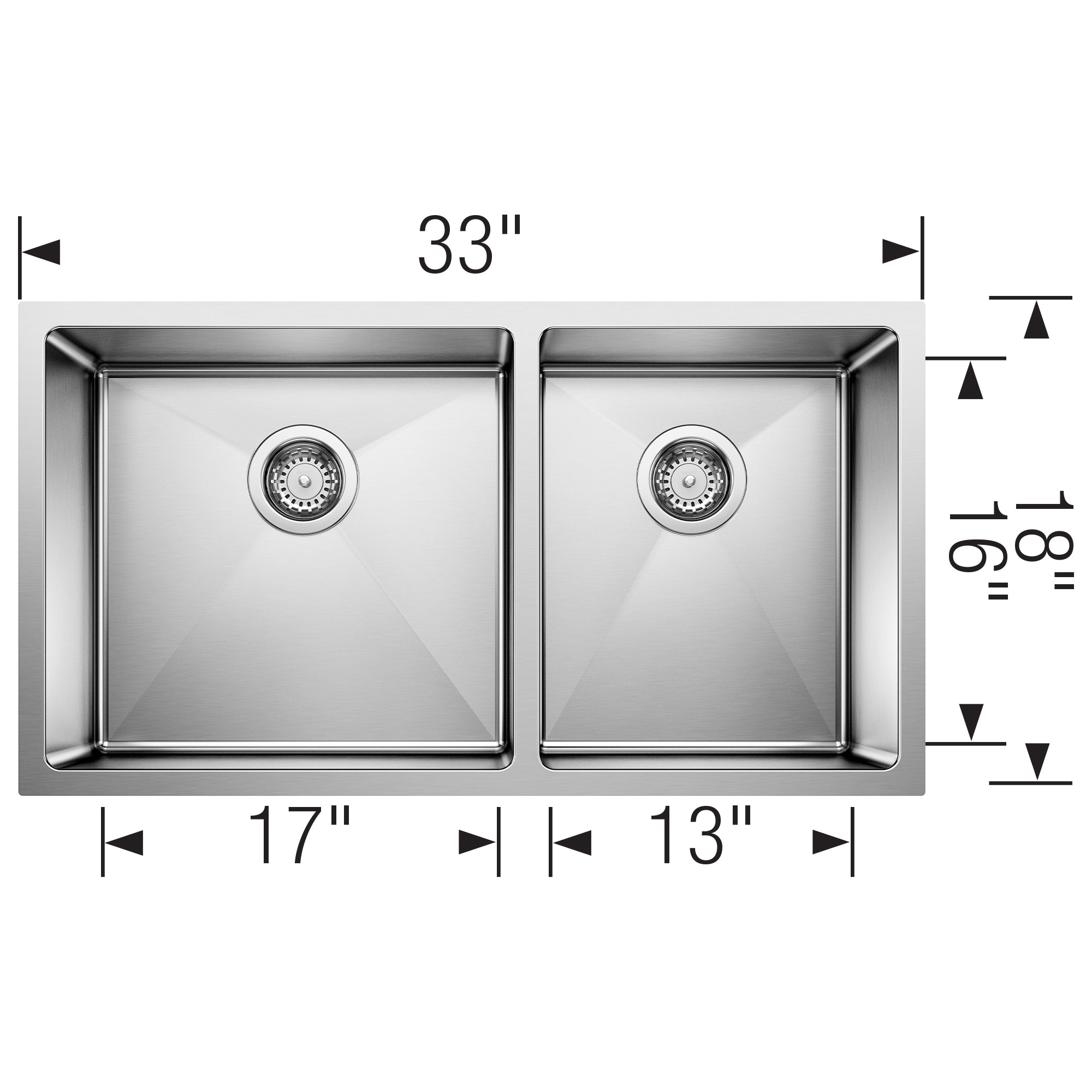 Blanco - 401520 - Quatrus R15 33" 60/40 Double Bowl Undermount Stainless Steel Kitchen Sink - Satin Polish - Dimension Shot