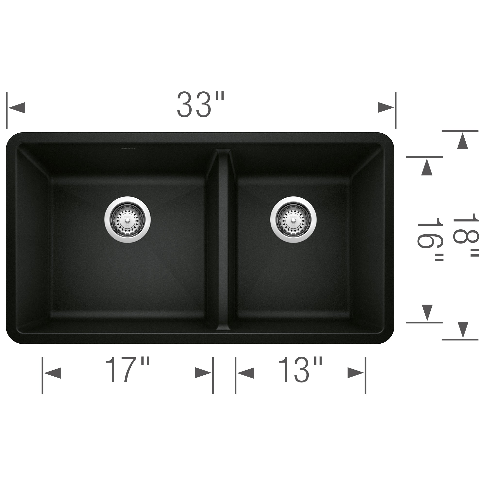 Blanco - 402652 - Precis SILGRANIT 33" 60/40 Double Bowl Undermount Kitchen Sink - Coal Black - Dimension Shot