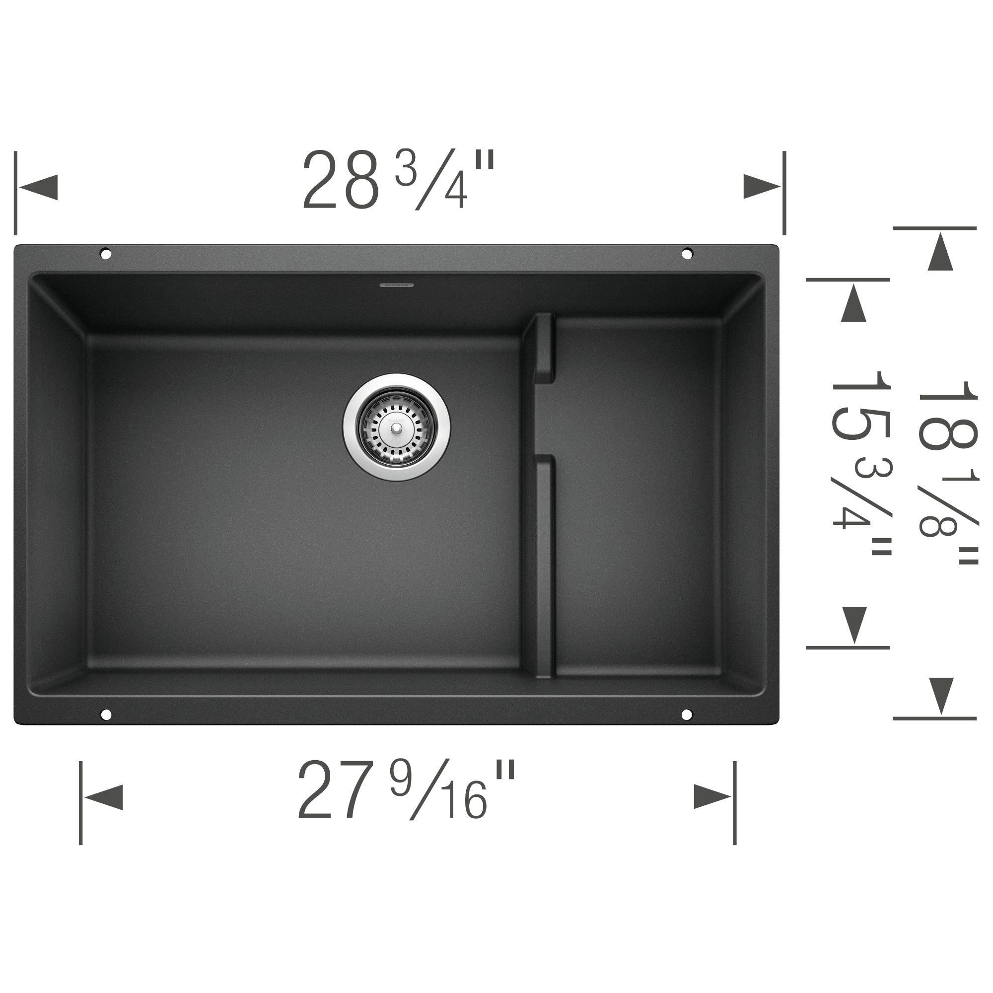 Blanco - 401445 - Precis Cascade SILGRANIT 29" Single Bowl Undermount Kitchen Sink with Colander - Anthracite - Dimension Shot
