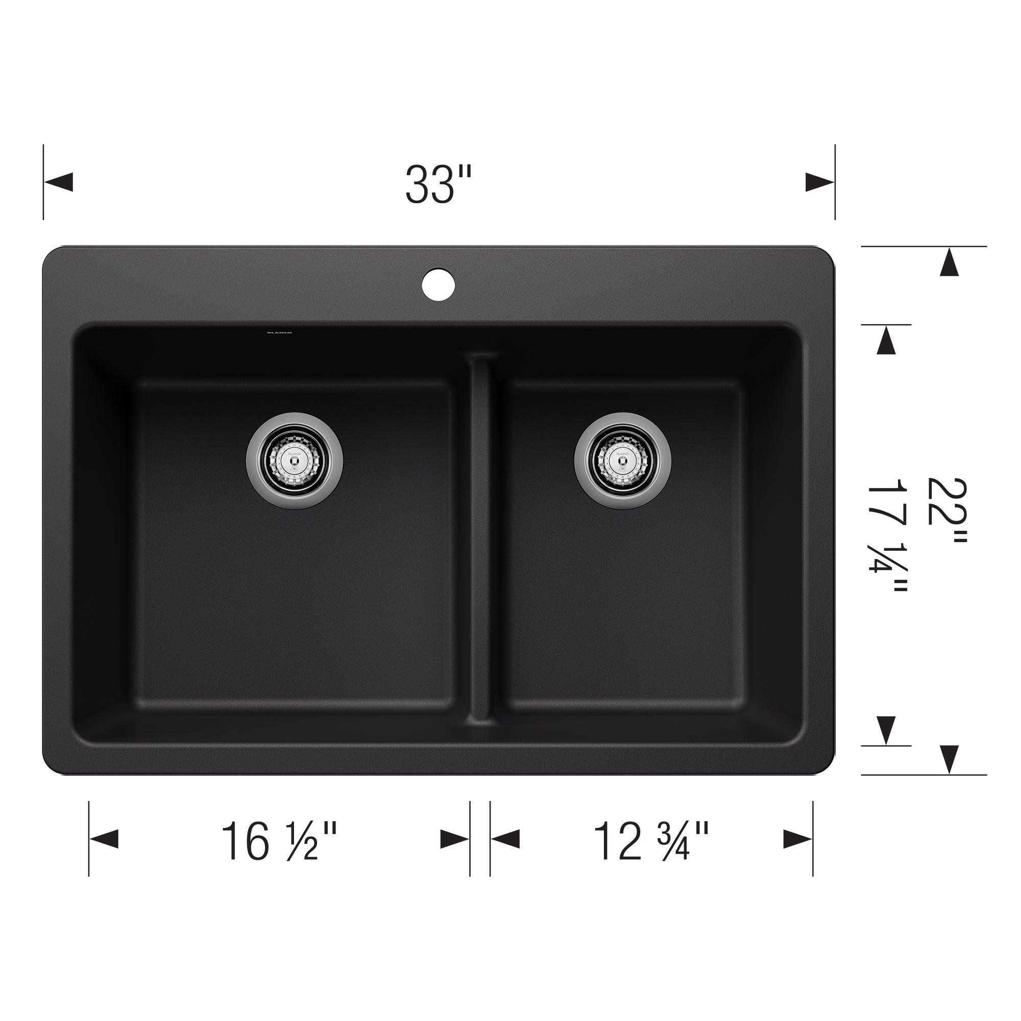 Blanco - 403642 - Liven SILGRANIT 33" 60/40 Double Bowl Dual Mount Kitchen Sink with Low Divide - Coal Black - Dimension Shot