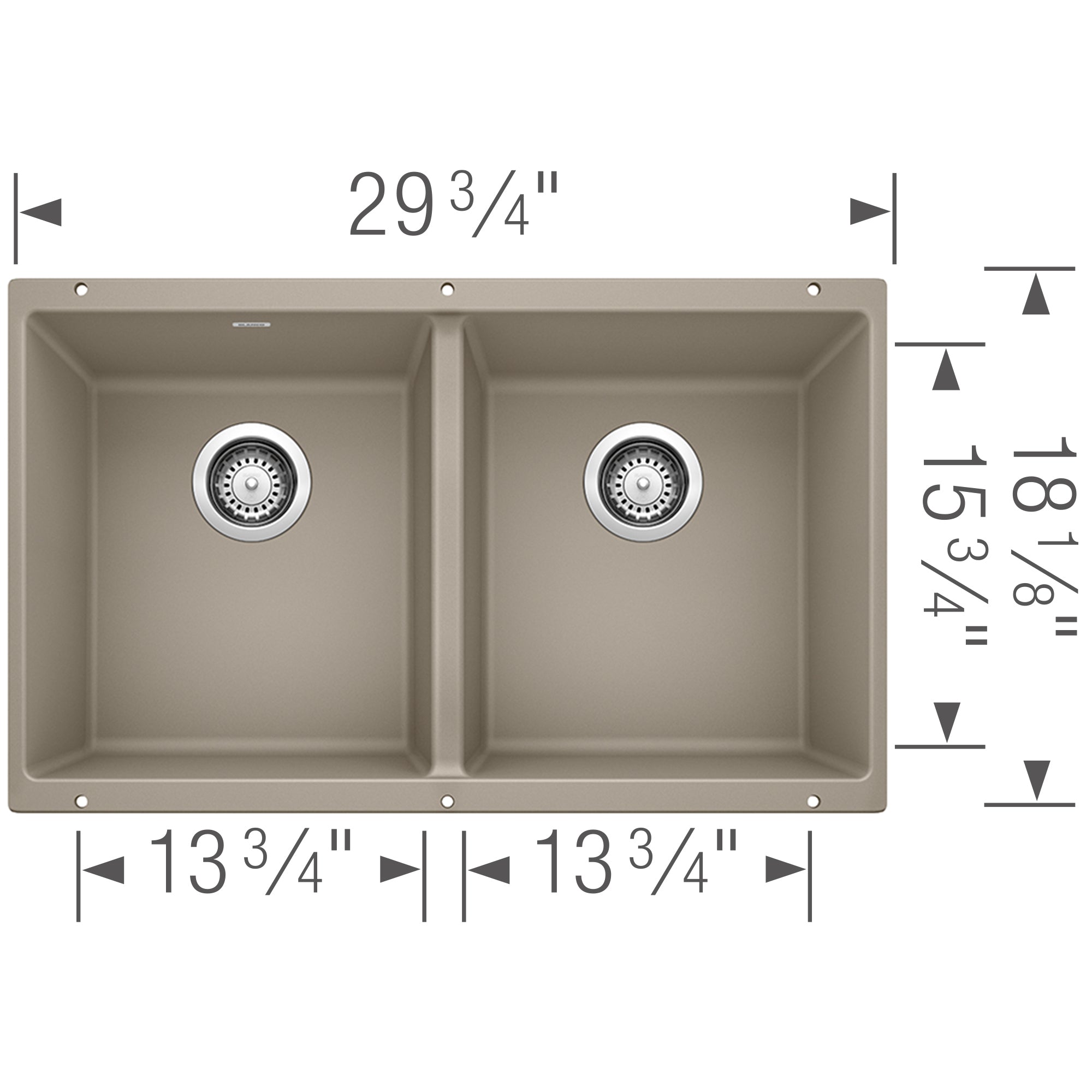 Blanco - 401179 - Precis SILGRANIT 29" 50/50 Double Bowl Undermount Kitchen Sink - Truffle - Dimension Shot