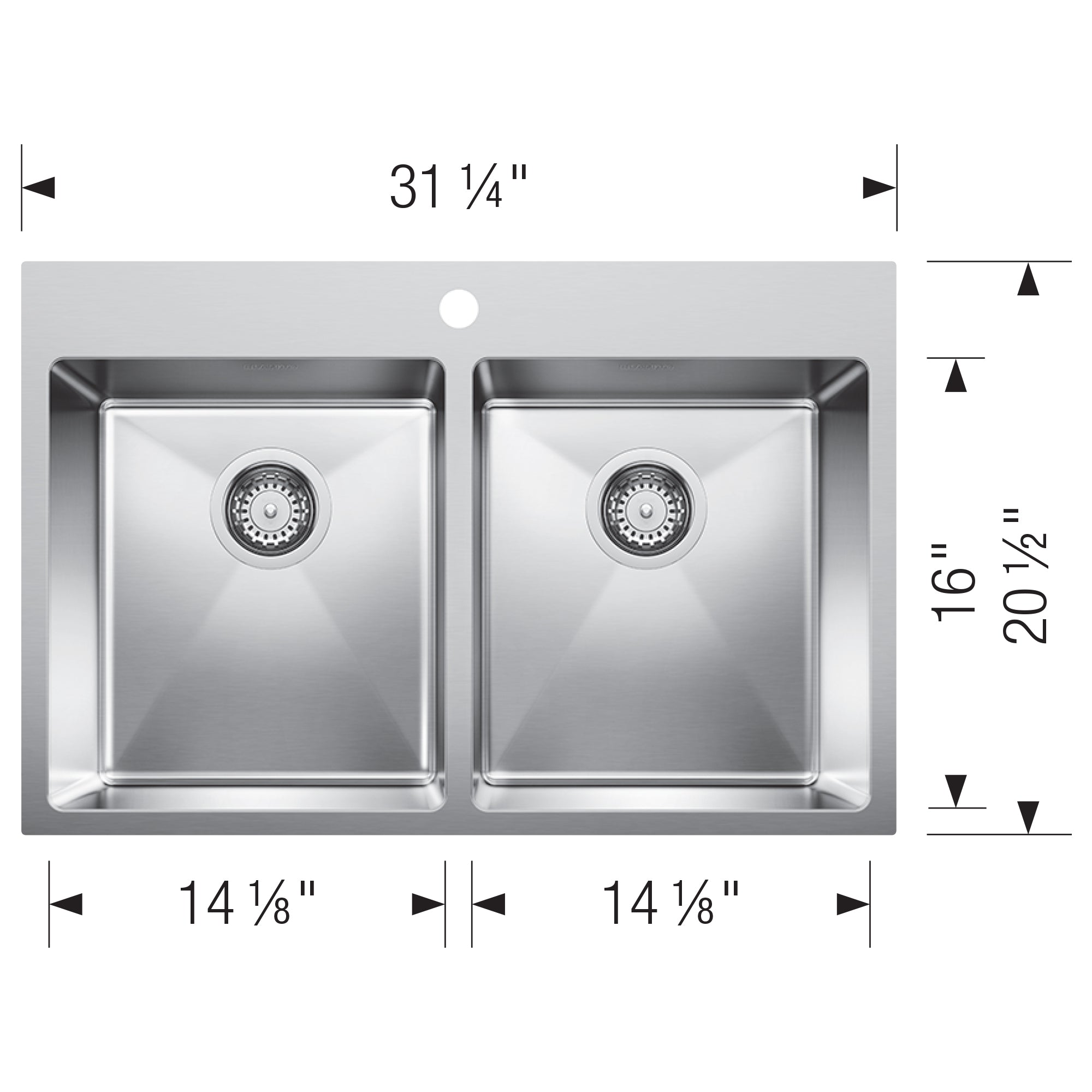 Blanco - 402611 - Quatrus R15 31" 50/50 Double Bowl Dual Mount Stainless Steel Kitchen Sink - Satin Polish - Dimension Shot