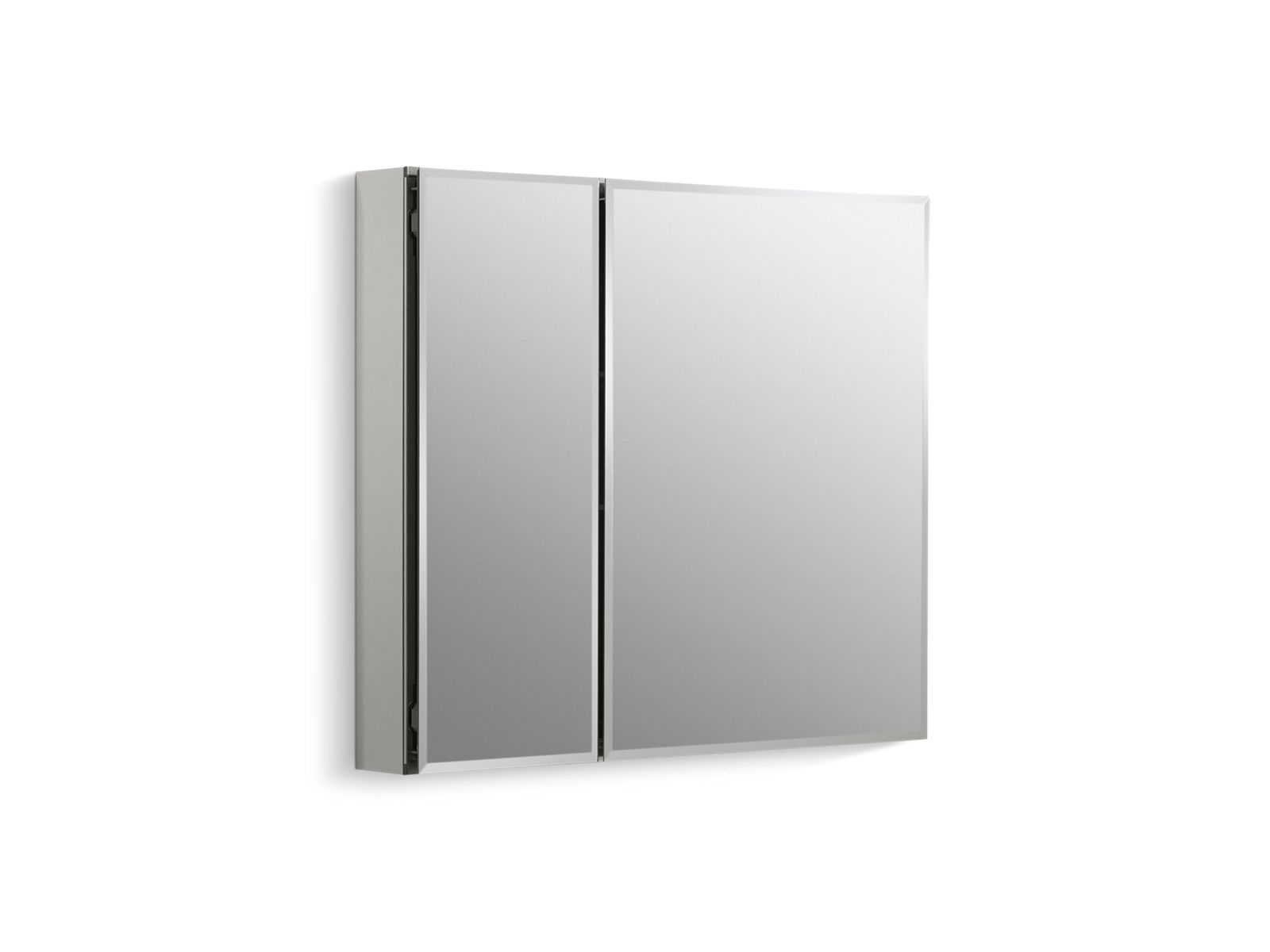 30" W x 26" H aluminum two-door medicine cabinet with mirrored doors, beveled edges