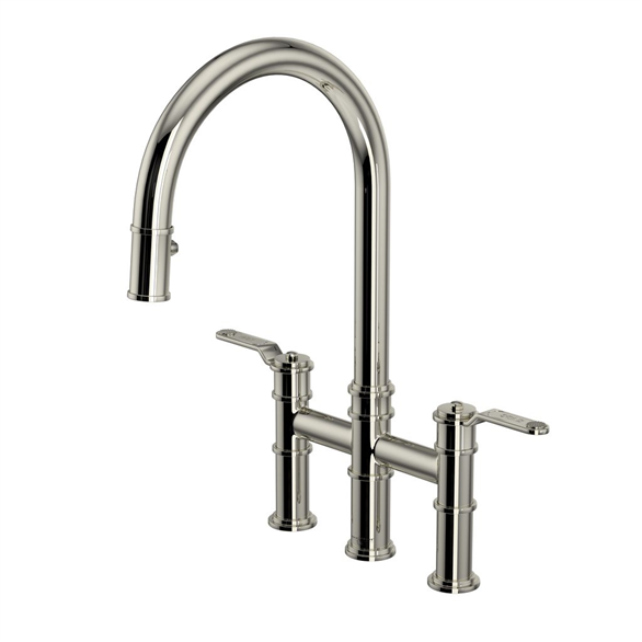Perrin & Rowe Armstrong U.4549HT-PN-2 Kitchen Faucet 9-1/2" C Deck-Mount 3H Pull-Down Spray W/2-Lever Bridge Nickel