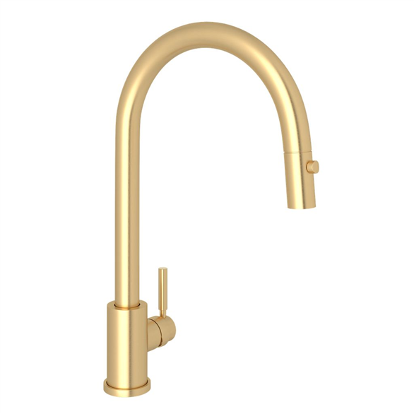 Perrin & Rowe Holborn U.4044SEG-2 9-1/2"SR Brass C-Spout Deck-Mount 1-Hole Kitchen Faucet Pull-Down Spray, Swivel Spout 60 PSI 1.75 GPM With 1-Lever Handle, Ceramic Cartridge, Hose Satin English Gold