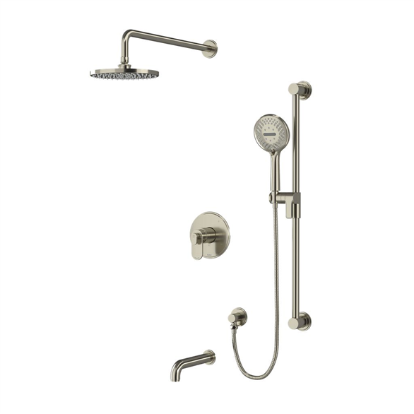 Riobel Arca TKIT1345AABN-CW 30-7/8" 3-Function, Coaxial, Pressure Balance, Thermostatic Wall-Mount Bathtub & Shower Trim With 2-Lever Handles, Elbow, Rail, Shower Arm, Showerhead, Spout Brushed Nickel