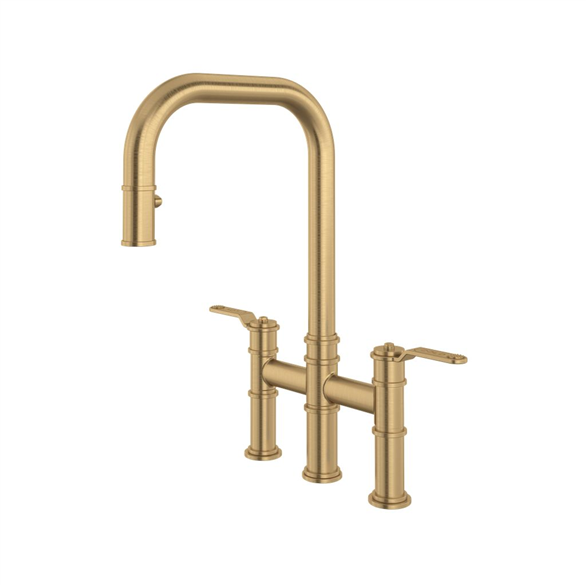 Perrin & Rowe Armstrong U.4551HT-SEG-2 Kitchen Faucet 9-1/2" U Deck-Mount 3H Pull-Down Spray W/2-Lever Bridge Gold