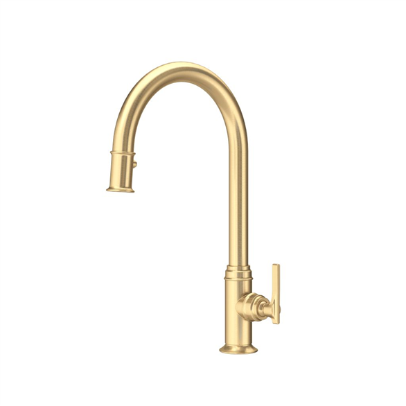 Perrin & Rowe Southbank U.SB55D1LMSEG 9-1/2"SR Brass C-Spout 2-Function Deck-Mount 1-Hole Kitchen Faucet Pull-Down Spray 1.80 GPM With 1-Lever Handle Satin English Gold