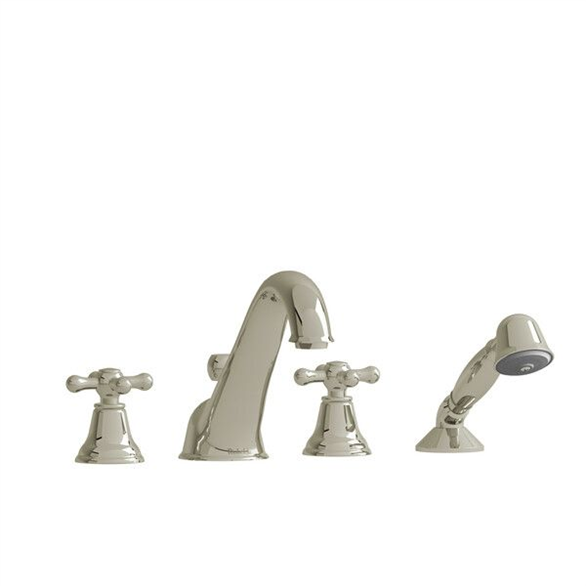 Riobel Georgian GN12+PN Roman Bathtub Filler 8-3/4" 4PC Deck-Mount 4H W/2-Cross Hand Shower Nickel