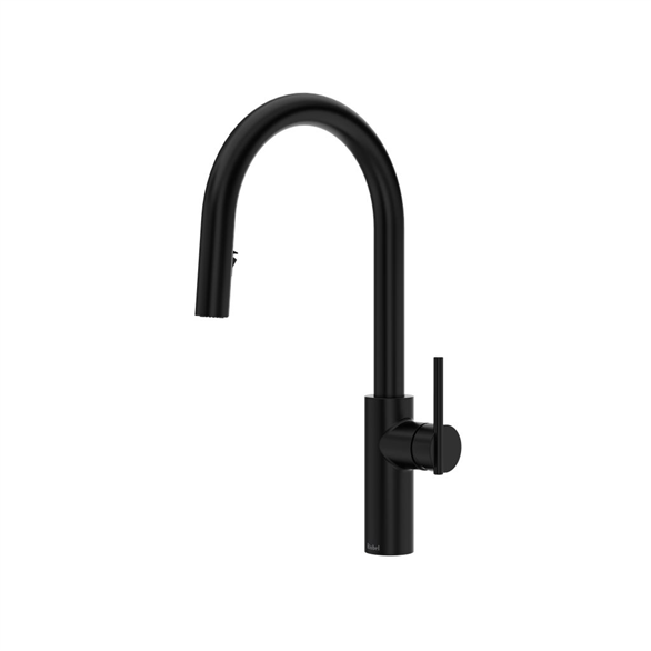 Riobel Lateral LT201BK 9"SR C-Spout 2-Function Deck-Mount 1-Hole Kitchen Faucet Pull-Down, Swivel 1.80 GPM With 1-Lever Handle, 2-Jet Black