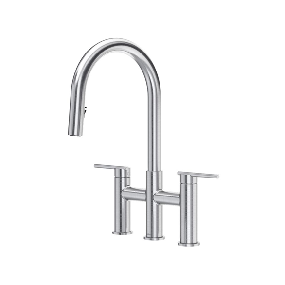 Riobel Lateral LT400SS 9"SR C-Spout 2-Function Deck-Mount 3-Hole Kitchen Faucet Pull-Down Spray 1.80 GPM With 2-Lever Handle, Bridge Stainless