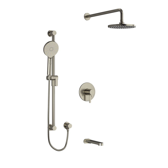 Riobel Nibi TKIT1345NBBN-CW 30-1/2", 1/2" Round 3-Function, Coaxial, Pressure Balance, Thermostatic Wall-Mount Bathtub & Shower Trim NPT 60 PSI 6.30 GPM With 2-Lever Handles, Elbow, Rail, Shower Arm, Showerhead, Spout Brushed Nickel