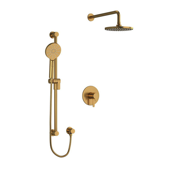 Riobel Nibi TKIT323NBBG-CW 3-Function, Coaxial, Pressure Balance, Thermostatic Wall-Mount Shower Trim Kit With 2-Lever Handles, Hose, Shower Arm, Elbow, Rail, Showerhead Brushed Gold