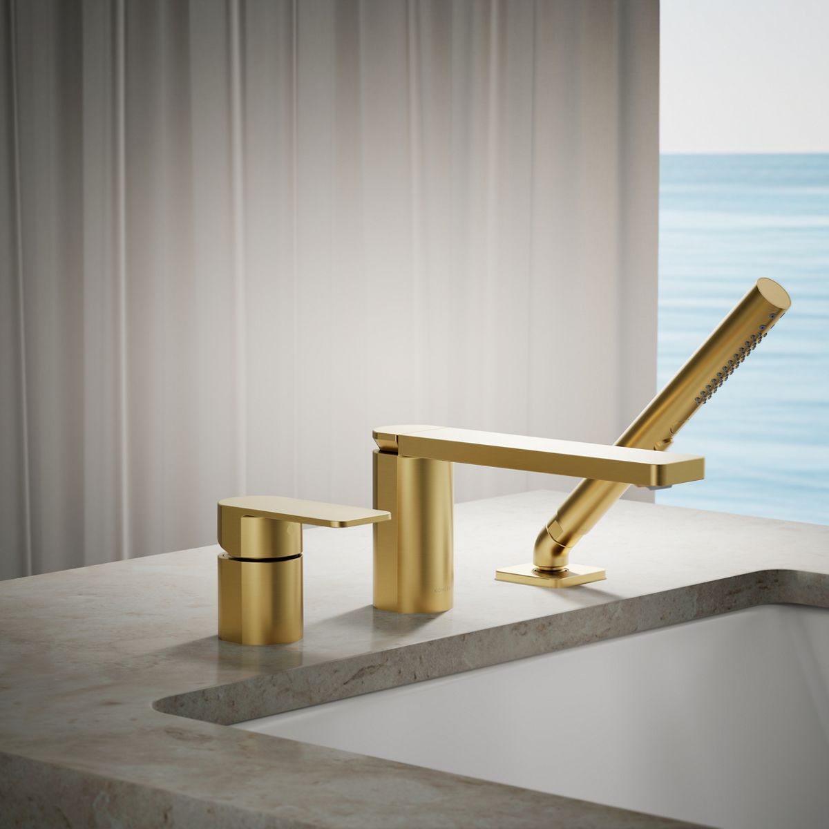 Parallel Deck-mount bath faucet with handshower