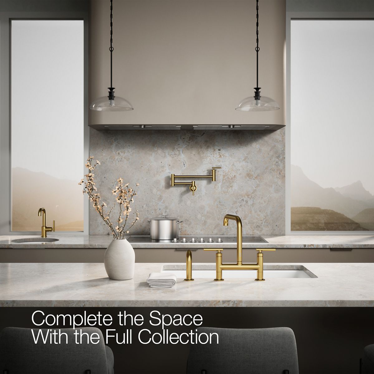 Purist Two-hole bridge kitchen sink faucet with side sprayer
