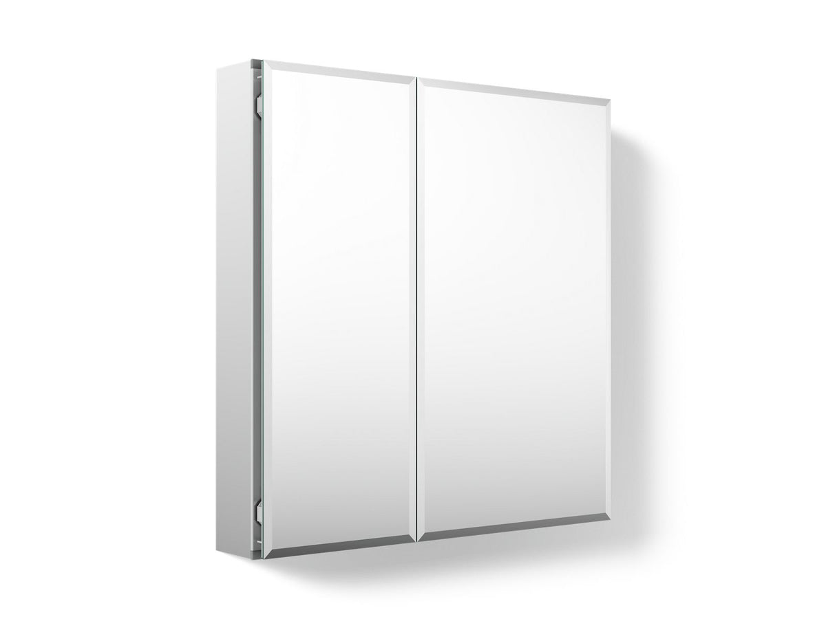 Kohler CB-CLC2526FS 25" W x 26" H aluminum two-door medicine cabinet with mirrored doors, beveled edges