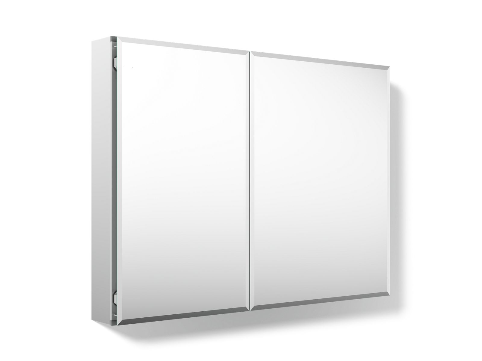 Kohler CB-CLC3526FS 35" W x 26" H aluminum two-door medicine cabinet with mirrored doors, beveled edges