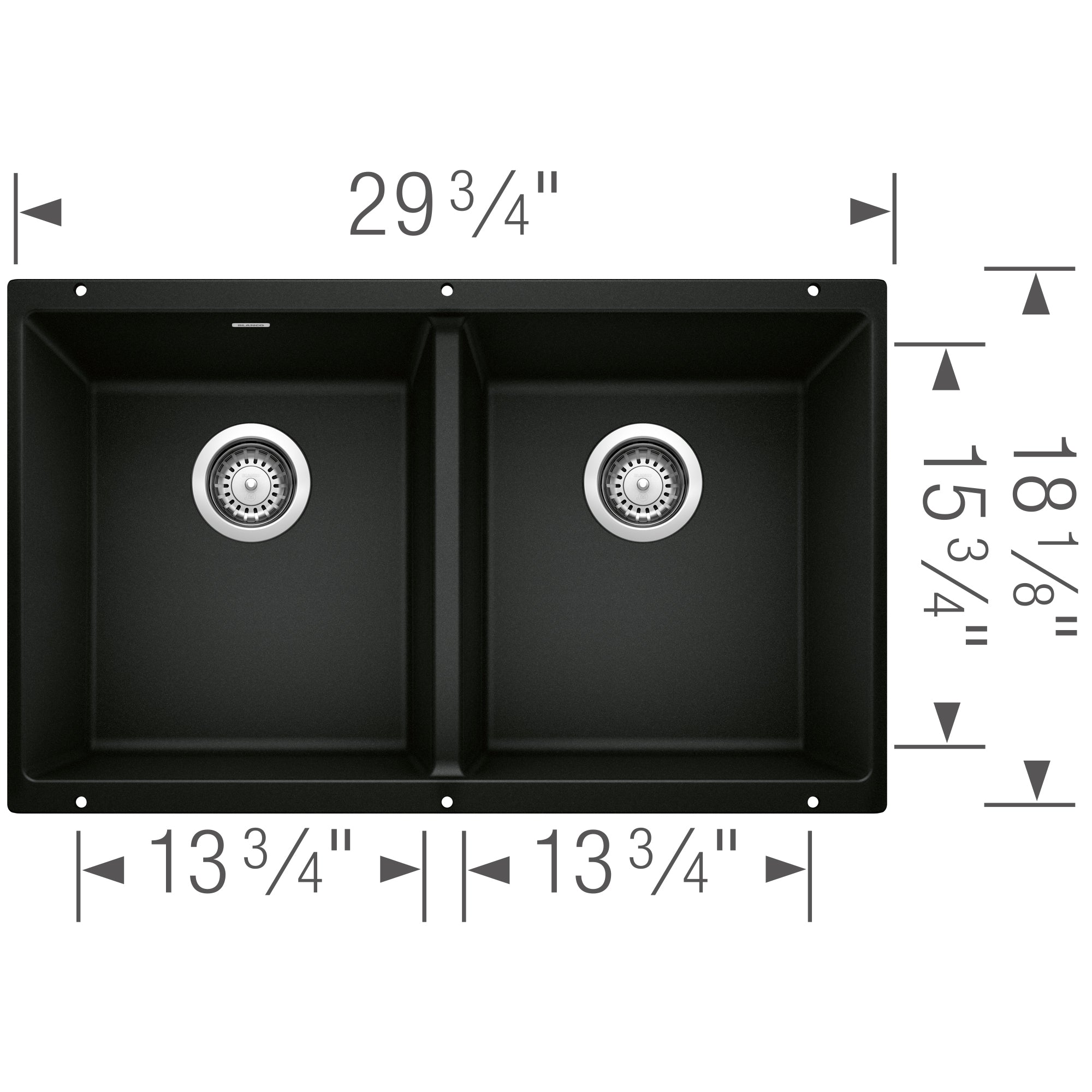 Blanco - 402653 - Precis SILGRANIT 29" 50/50 Double Bowl Undermount Kitchen Sink - Coal Black - Dimension Shot