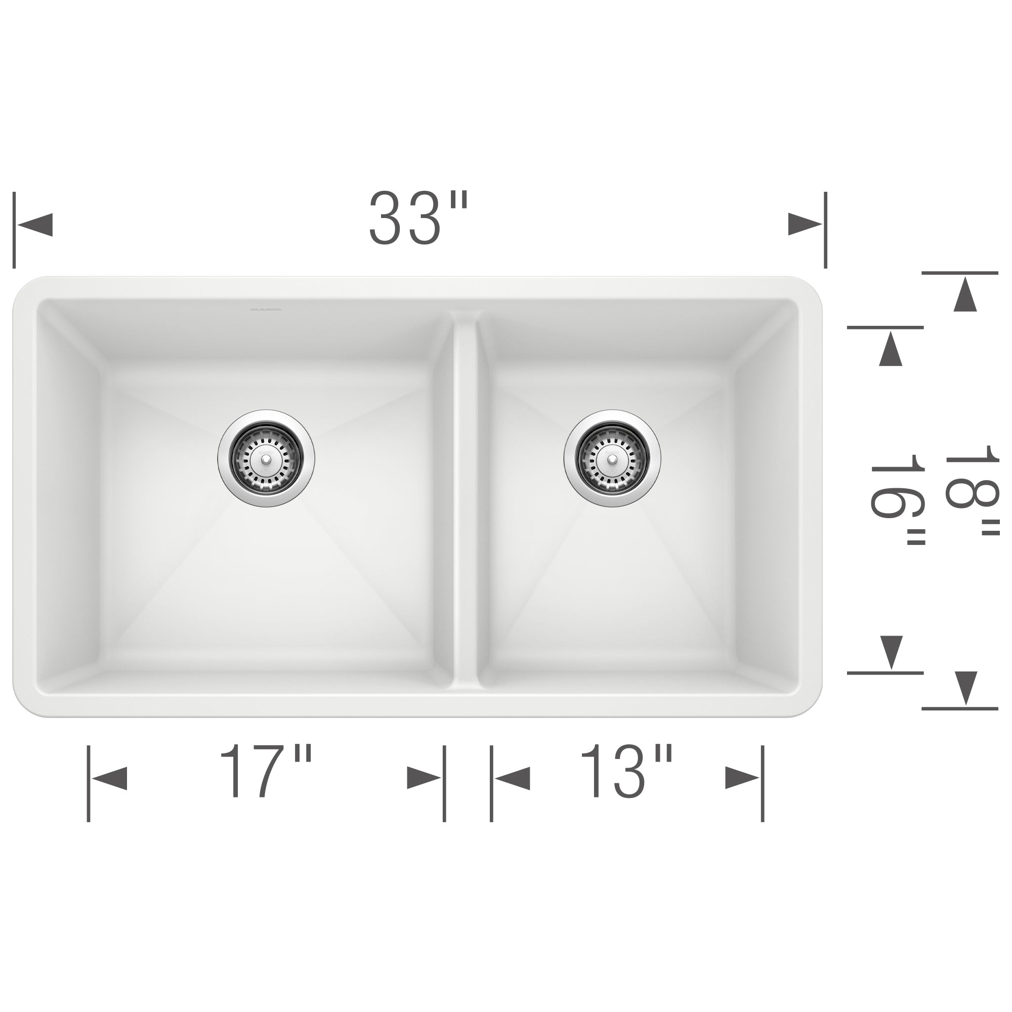 Blanco - 401706 - Precis SILGRANIT 33" 60/40 Double Bowl Undermount Kitchen Sink - White - Dimension Shot