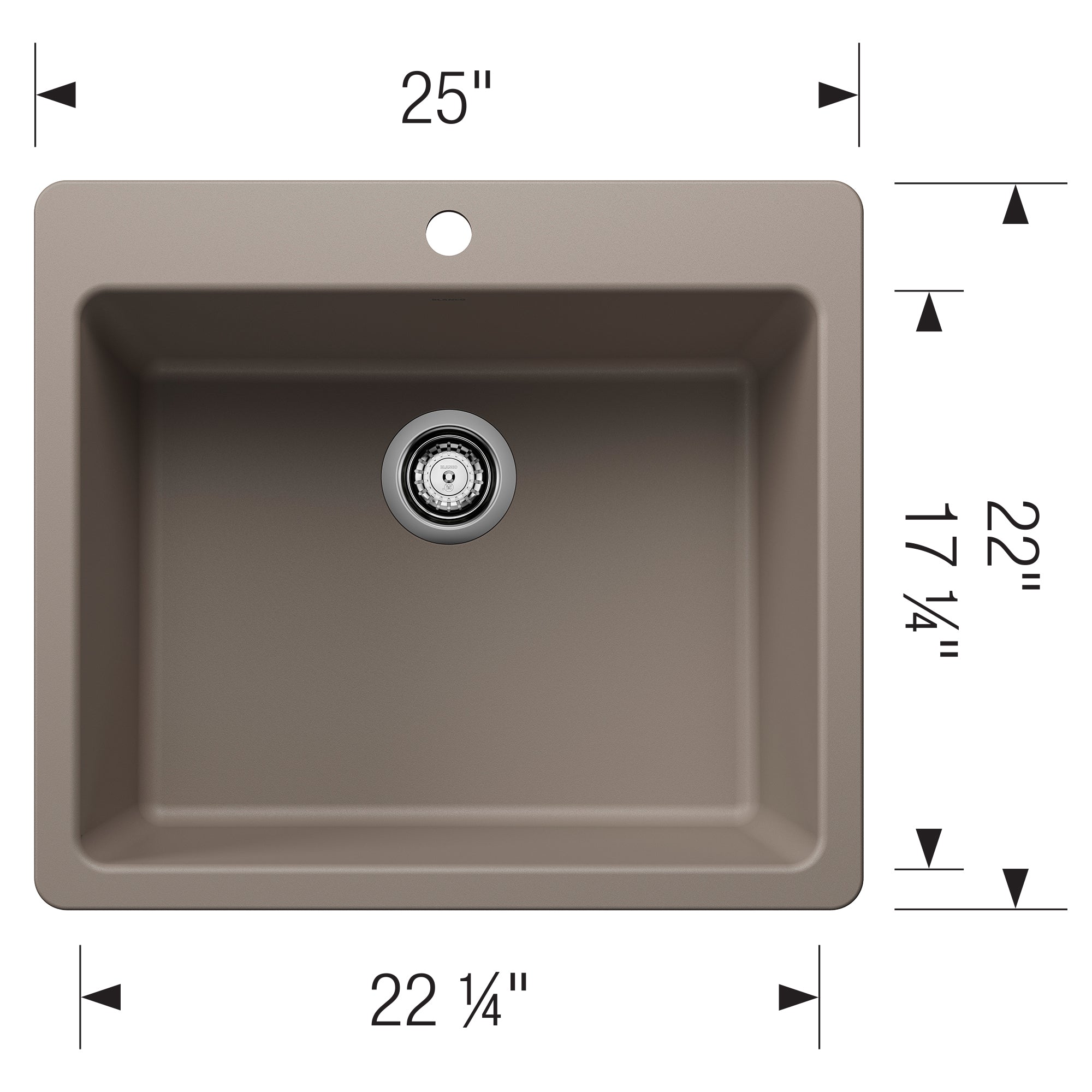 Blanco - 403654 - Liven SILGRANIT 25" Single Bowl Dual Mount Kitchen Sink - Truffle - Dimension Shot