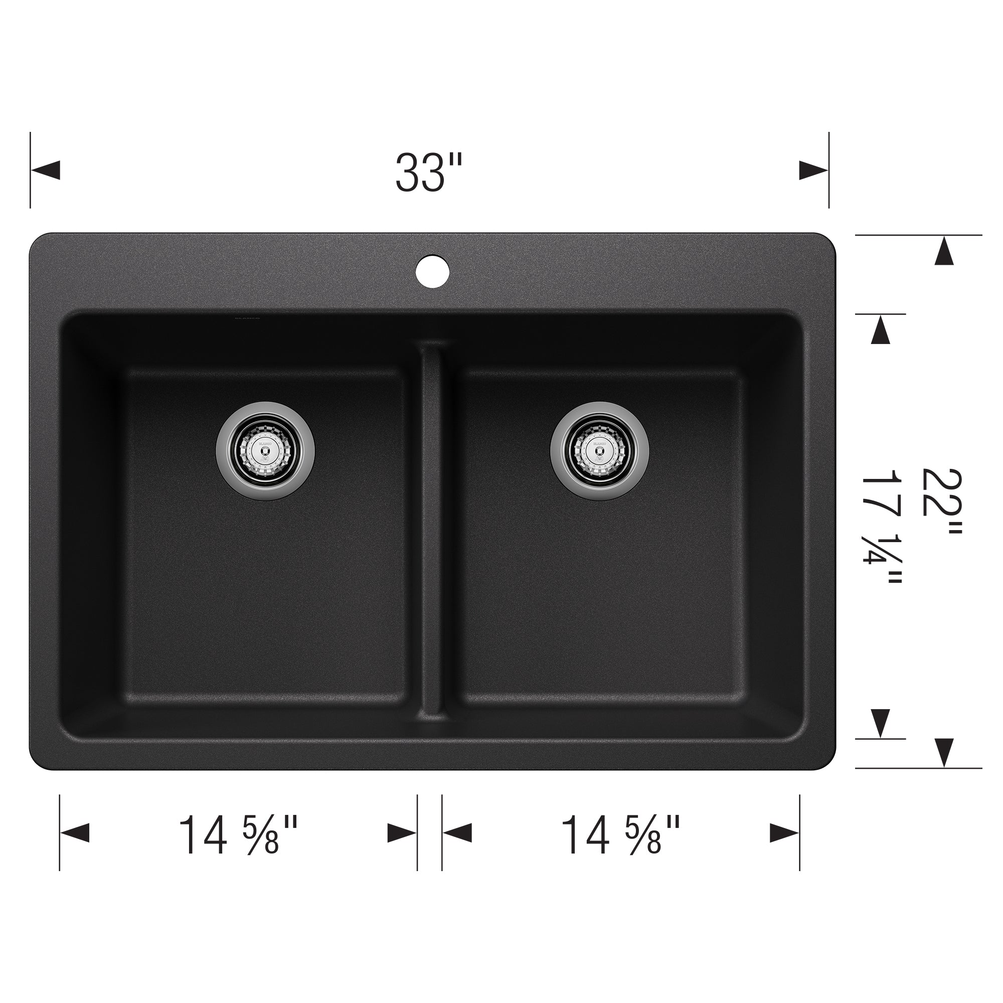 Blanco - 403635 - Liven SILGRANIT 33" 50/50 Double Bowl Dual Mount Kitchen Sink with Low Divide - Anthracite - Dimension Shot
