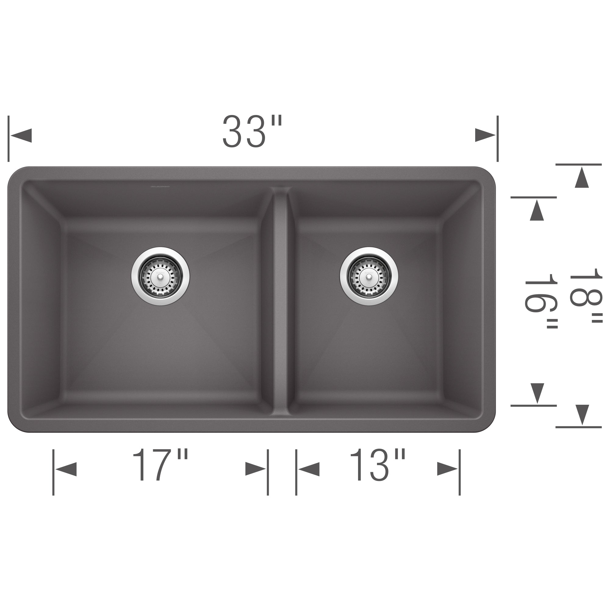 Blanco - 401396 - Precis SILGRANIT 33" 60/40 Double Bowl Undermount Kitchen Sink - Cinder - Dimension Shot