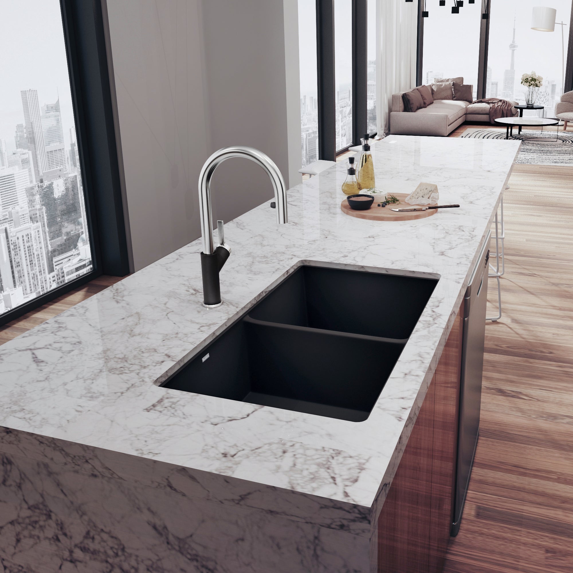 Blanco - 400580 - Precis SILGRANIT 29" 50/50 Double Bowl Undermount Kitchen Sink - Anthracite - Beauty Shot 3