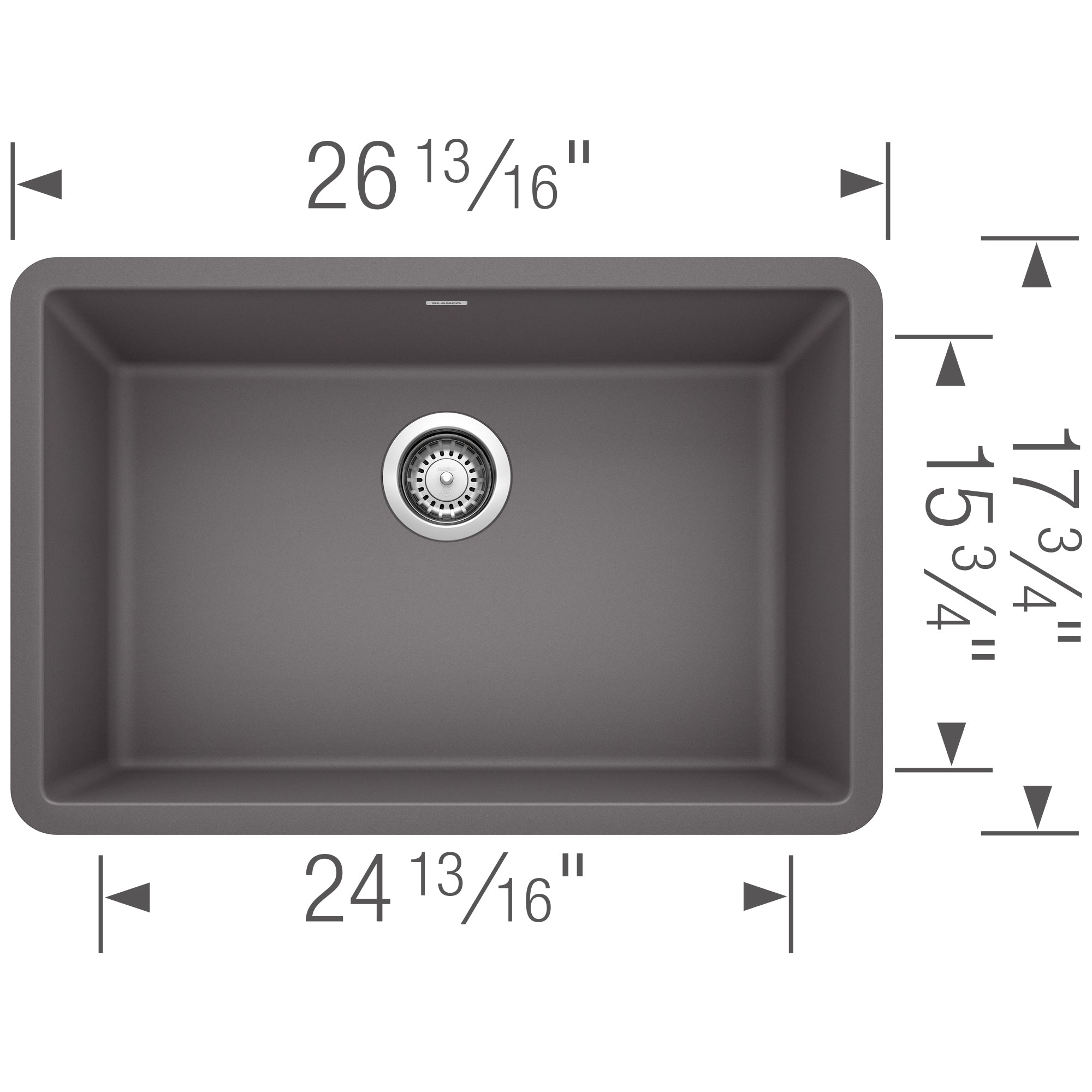 Blanco - 401891 - Precis SILGRANIT 27" Single Bowl Undermount Kitchen Sink - Cinder - Dimension Shot