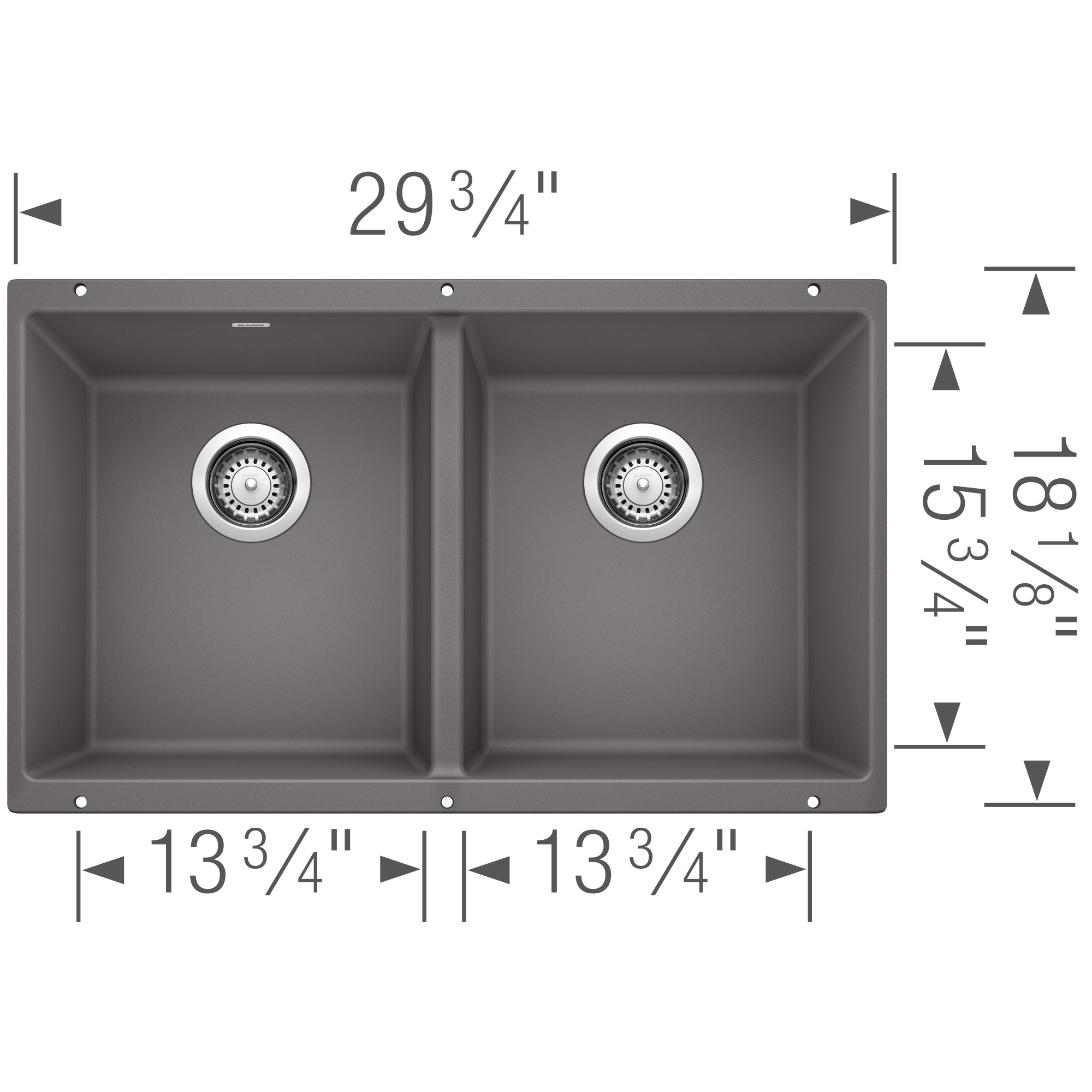 Blanco - 401415 - Precis SILGRANIT 29" 50/50 Double Bowl Undermount Kitchen Sink - Cinder - Dimension Shot