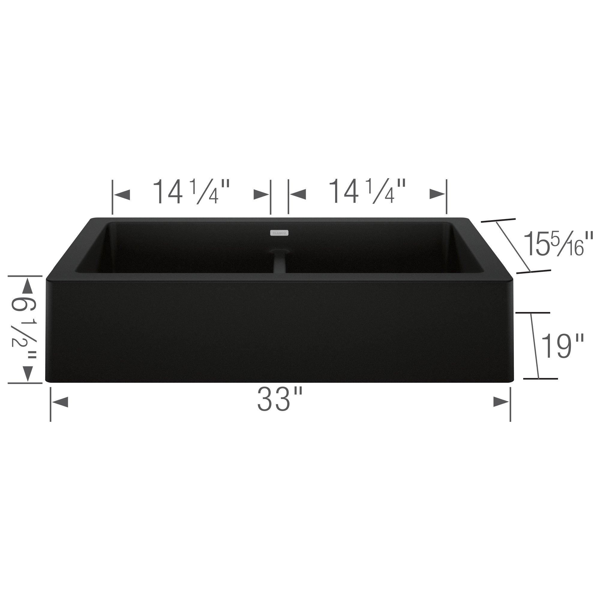 Blanco - 402597 - Vintera SILGRANIT 33" Double Bowl Apron-Front Farmhouse Sink - Coal Black - Dimension Shot