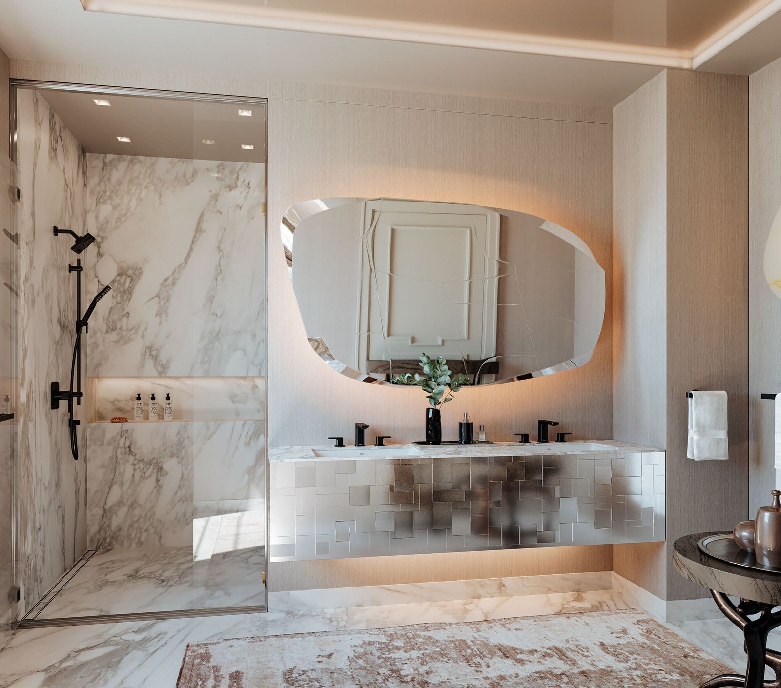 Riobel Equinox bathroom with black fixtures in a warm marble interior
