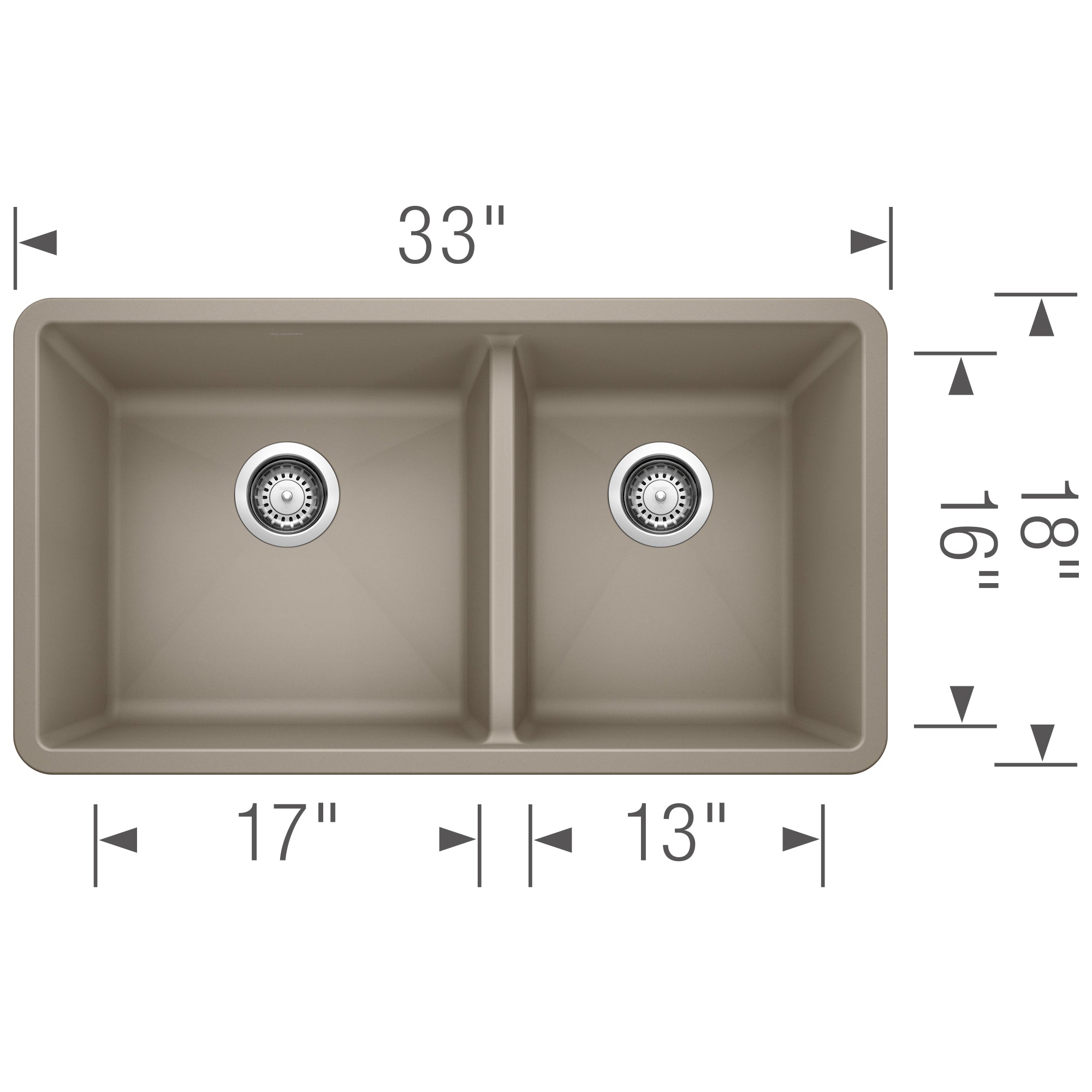 Blanco - 401142 - Precis SILGRANIT 33" 60/40 Double Bowl Undermount Kitchen Sink - Truffle - Dimension Shot