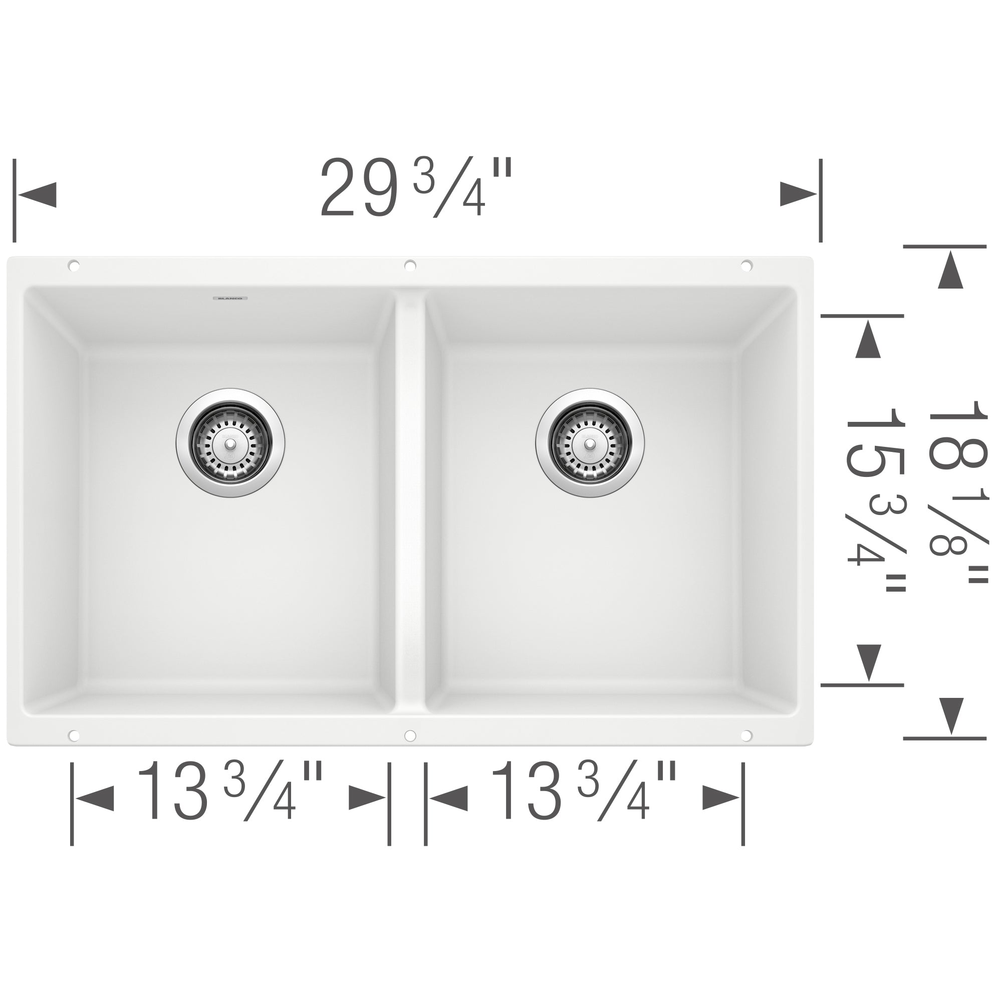 Blanco - 401705 - Precis SILGRANIT 29" 50/50 Double Bowl Undermount Kitchen Sink - White - Dimension Shot
