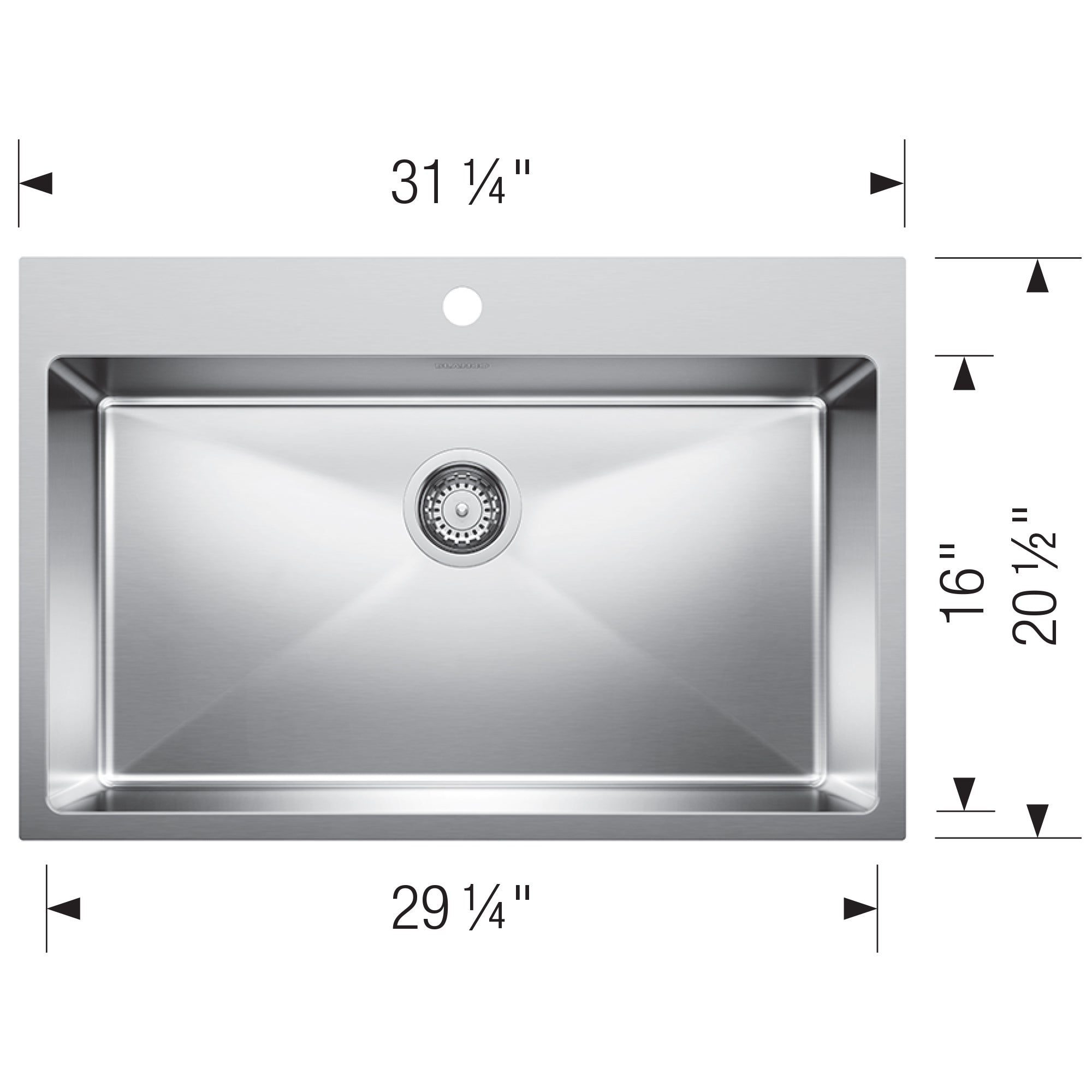 Blanco - 402612 - Quatrus R15 31" Single Bowl Dual Mount Stainless Steel Kitchen Sink - Satin Polish - Dimension Shot