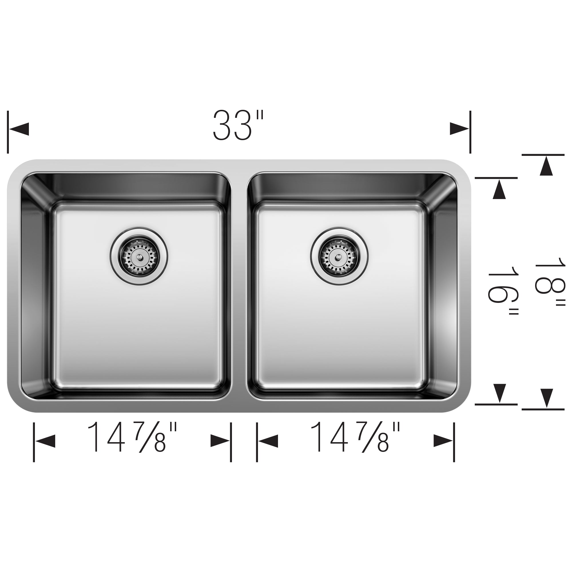 Blanco - 402243 - Formera 33" 50/50 Double Bowl Undermount Stainless Steel Kitchen Sink - Satin Polish - Dimension Shot