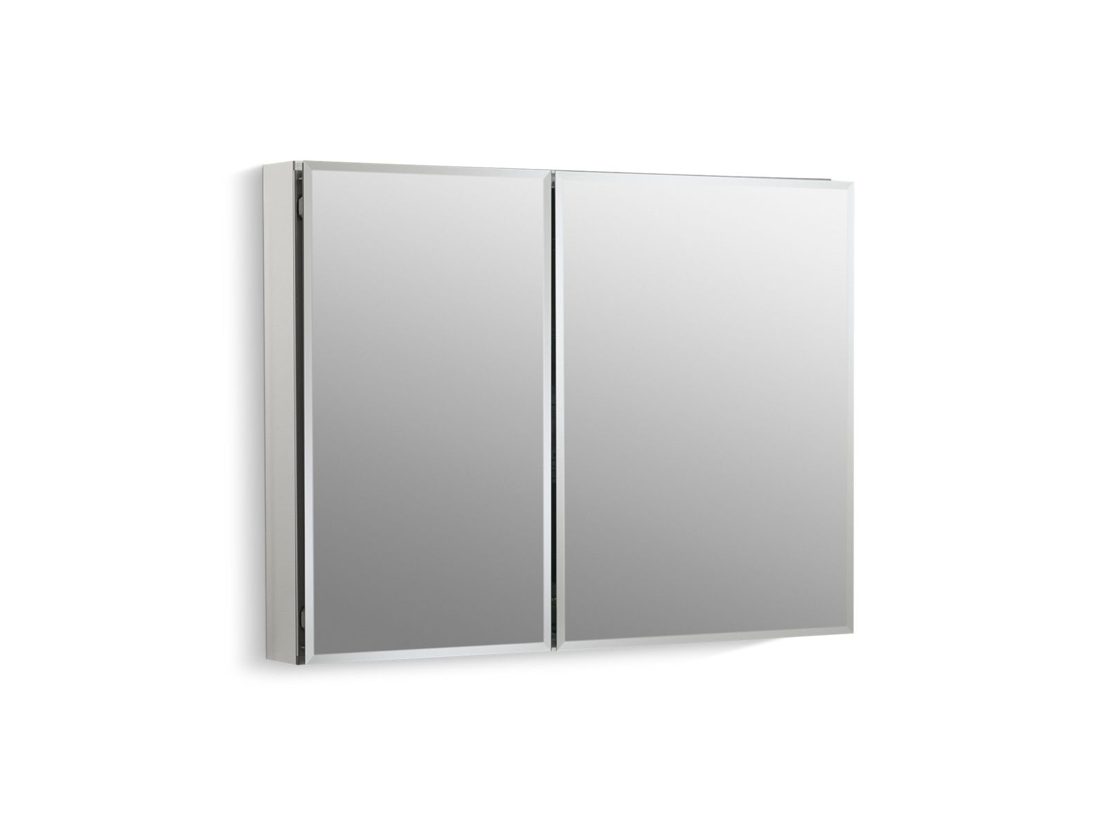 35" W x 26" H aluminum two-door medicine cabinet with mirrored doors, beveled edges